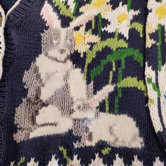 Design Options Easter Egg Cardigan Sweater Large Furry Bunny Rabbit Fence Vtg - Picture 5 of 12